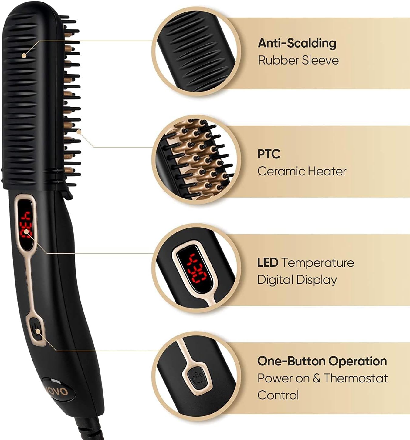 VOVO Beard Straightener Comb Upgrade Professional 2 in 1 Men's Beard Straightening Heated Hair Straightening Brush Portable Anti-Burn 6 Temperature Adjustable with LED Display for Home and Travel