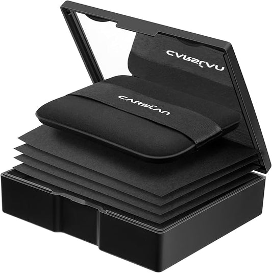 CARSLAN Makeup Blotting Paper with Powder, Black Magnet Blotting Sheets for Oily & Combination Skin, Portable Compact with Puff & Mirror, Keeps Makeup Fresh All Day, 150 Sheets + 8 Refill Pads