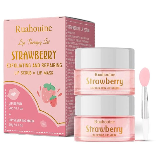 Strawberry Lip Scrub And Mask Set, Sugar Exfoliator Lip Scrub For Dark Lips To Lighten, Lip Care Kit, Sleeping Lip Mask, 1.4 oz / 2-piece