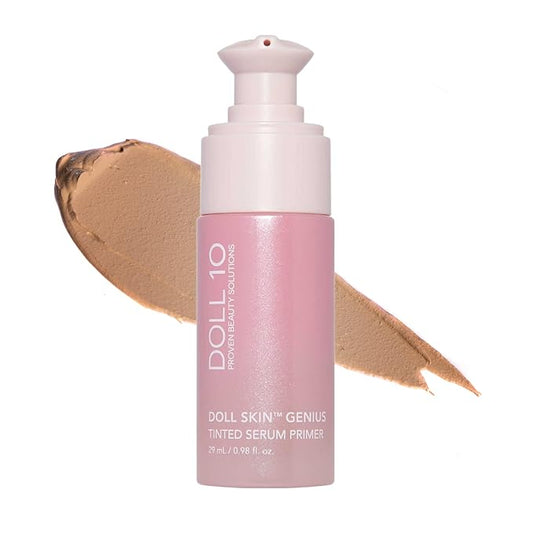 Doll 10 - Doll Skin Tinted Serum Primer - Blurs Color, Texture & Pores - Improves Skin While Wearing - Good for All Skin Types - Oil Free, Vegan, Cruelty Free & No Parabens (Tan-Deep, 1 oz)