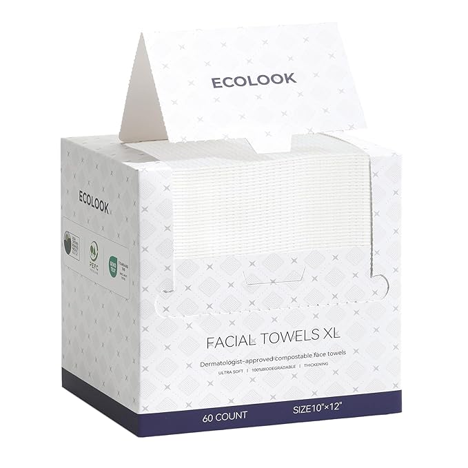 ECOLOOK Disposable Face Towel XL-60 Count Upgraded Thick Facial Towels, Ultra Soft Clean Face Towels Disposable, 10"x12" & 90 GSM, Ideal for Sensitive Skin-1 PACK