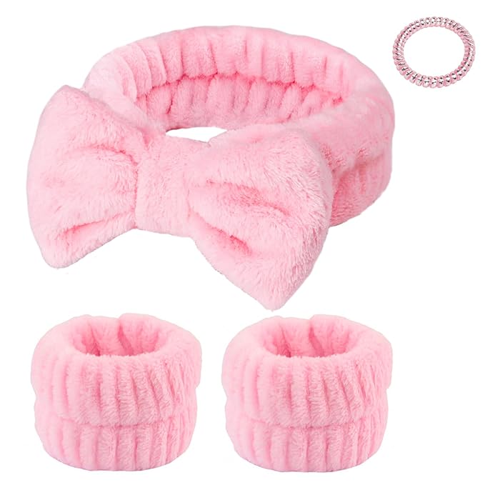 Fmeida Spa Headband and Wrist Band Set for Face Washing Skin Care Headband Pink Hairband 3 Pack