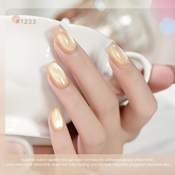 RARJSM Glass Jelly Cat Eye Gel Nail Polish Set 6pcs Reflective Sparkly Diamond Glitter Nude Pink Lake Blue Green Purple Clear Cateye Gelpolish with Magnet Stick 7.5ml Curing Requires for Home Salon