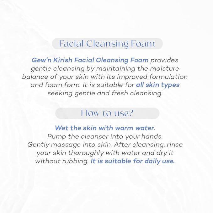Gew’n Kirish Facial Cleansing Foam – Gentle Daily Cleanser for All Skin Types, With Aloe Vera, Chamomile, Niacinamide, Moisture-Balancing Soft Lather, 7.5 fl oz