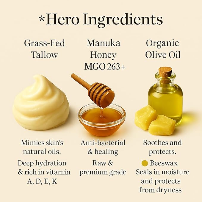 Azmera Beauty100% Grass-Fed Beef Tallow Balm, Manuka Honey MGO 263+, Organic Beeswax & Olive Oil, Beef Tallow for skin,Handmade Moisturizer for Dry Skin, Eczema Relief, & Healing Skin(2oz, Lavender)