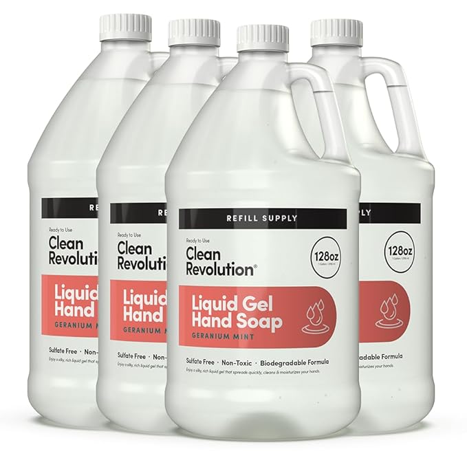 Clean Revolution Liquid Gel Hand Soap, Silky Rich Liquid, Quick Lather, Fast Rinsing, (Geramium Mint) 128 Fl Oz, 4 Pack - Made in USA