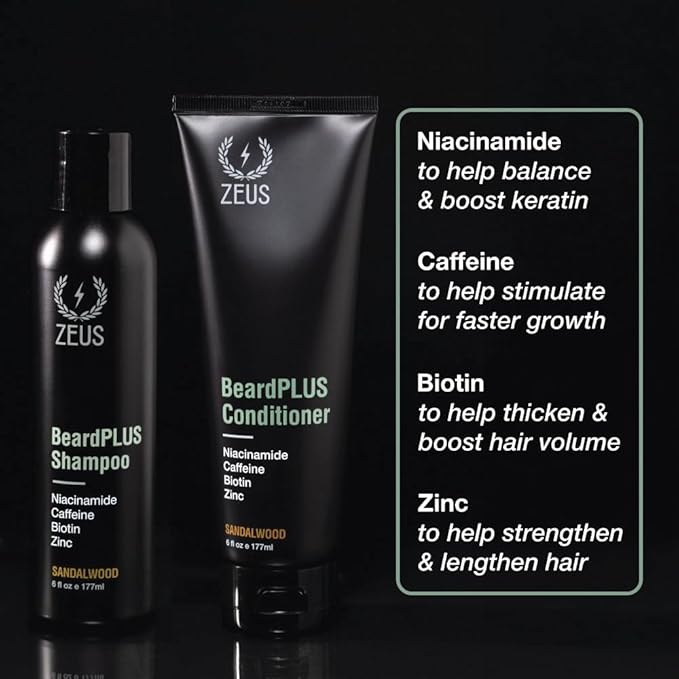 ZEUS BeardPLUS Essential Beard Growth Set for Men, Hair Growth Treatment, Shampoo, Conditioner & Serum for Thicker & Stronger Facial Hair with Biotin & Caffeine (Made in USA) 3-Piece Set