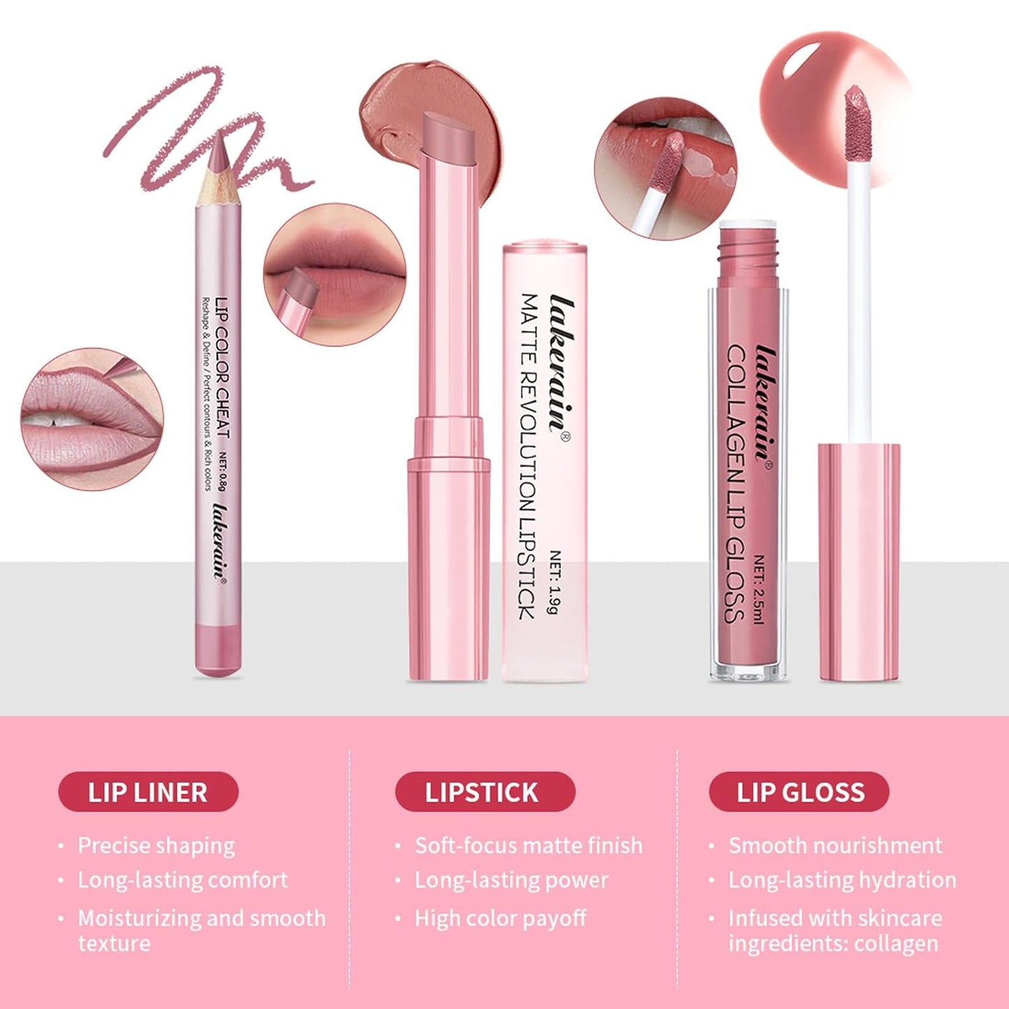 3PCS Lip Liner and Lipstick Combo Set - Matte Lip Liner Pencil, Velvet Matte Lipstick & Hydrating Collagen Lip Gloss - Long-Lasting, Smudge-Proof, High Pigment Nude Brown Lip Makeup Kit (Set 2, 3)