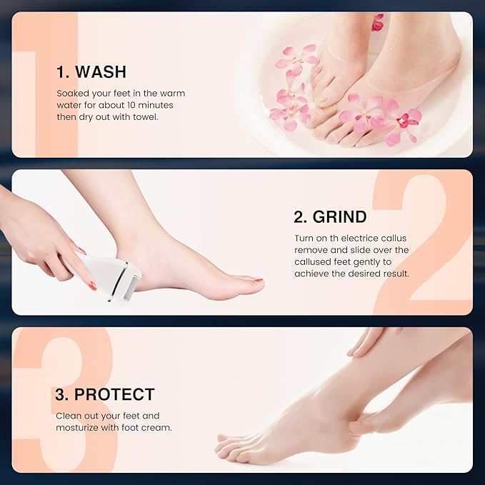 Electric Foot Callus Remover, Rechargeable Portable Electronic Foot File Pedicure Kits, 3 Roller Heads, 3 Speed, Battery Display for Remove Cracked Heels Calluses and Dead Skin
