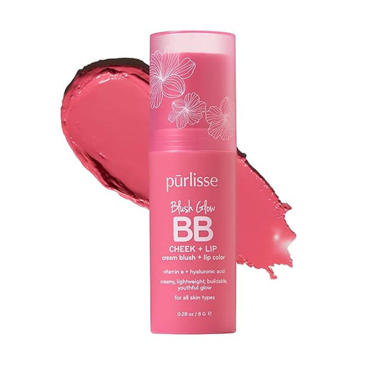 pürlisse Blush Glow BB Lip and Cheek Tint - Hydrating & Buildable 2-in-1 Cream Blush Stick for Cheeks & Lips - Formulated with Nourishing Vitamin E & Hyaluronic Acid - Pink Crush (.28 oz)