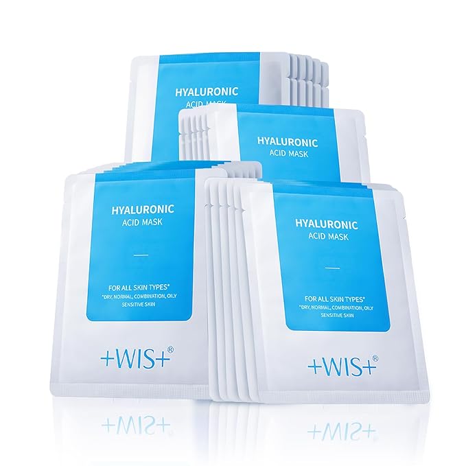 +WIS+ Hyaluronic Acid Face Mask 24 EA with Hyaluronic Acid Serum and Vitamin B5, Hydrating Facial Mask for Dry Skin, Anti-Aging Mask to Plump and Repair Dehydrated Skin, Safe on Sensitive Skin