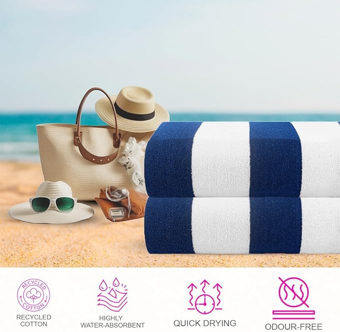 CASA COPENHAGEN Cabana Pool Towels Designed in Denmark Rough and Tough, Quick Dry, for Pool, Bath & Shower 2 Piece Cotton Pool Towels Set - Royal Blue