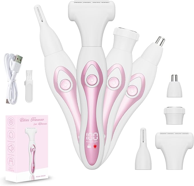 RUIM Electric Razors for Women, 4-in-1 Painless Bikini Trimmers with LED Display, Rechargeable Wet/Dry Body Razors for Arms, Legs, Pubic Hair, Face