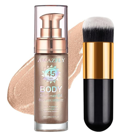 Shimmer Body Oil, SPF 45 Broad Spectrum, Sunscreen Face and Liquid Luminizer Waterproof Moisturizing, Light Shimmer Glow Illuminator, Smooth Body Highlighter Makeup (#01 Rose Gold)