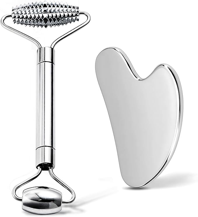 Gua Sha Facial Tools and Face Roller Set, Lymphatic Drainage Massager，Stainless Steel Facial Sculpting Eyes Roller Guasha for Face, Chin & Jawline Sculpting,Skin Care (Stainless Steel)