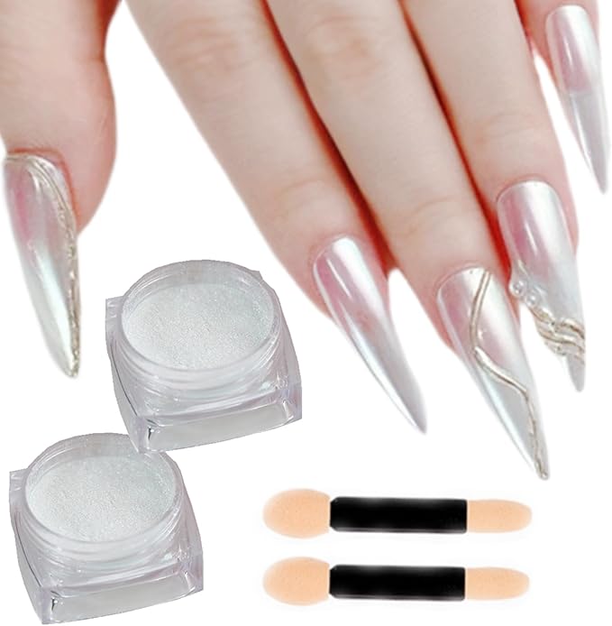 2 Pcs White Iridescent Nails Powder Aurora Chrome Powder for Nails,Mermaid Chrome Nail Pearl Powder Chameleon Chrome Nail Powder Manicure Pigment(2 Pcs Moonlight)