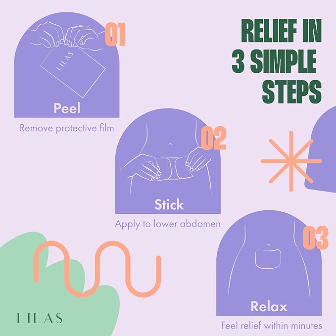 LILAS Period Cramps Pain Relief Patch, 5 Pack | Instant Relief for Menstrual Cramp, PMS, Endometriosis & PCOS | 12-Hour Comfort | Natural & Vegan Topical Patches | Trusted Formula & Upgraded Design