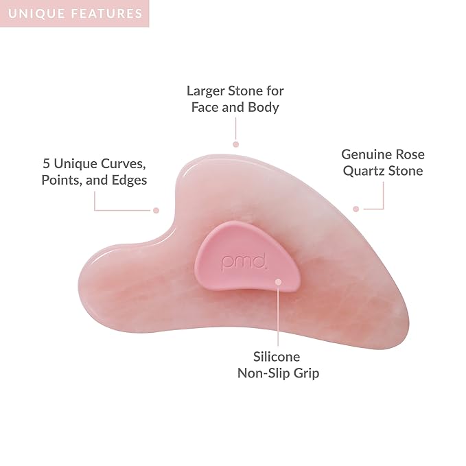 PMD Beauty Gua Sha Facial Tools - Massaging, Sculpting and Depuffing Guasha Tool for Face with Rose Quartz and Silicone Grip - Reduce Tension & Inflammation