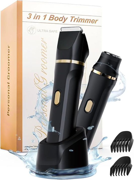 Upgraded Bikini Trimmer for Women, Dermave Bikini Shaver [2in1 & Painless] Electric Razor, [Waterproof] Pubic Body Hair Trimmer, Replaceable Ceramic Blade, Charge Dock, Gifts for Women/Men