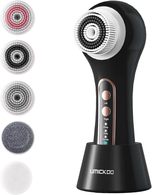 Face Scrubber Exfoliator,Facial Cleansing Brush Rechargeable IPX7 Waterproof with 5 Brush Heads,Electric Face Spin Brush for Exfoliating, Massaging and Deep Cleansing (Black Color)