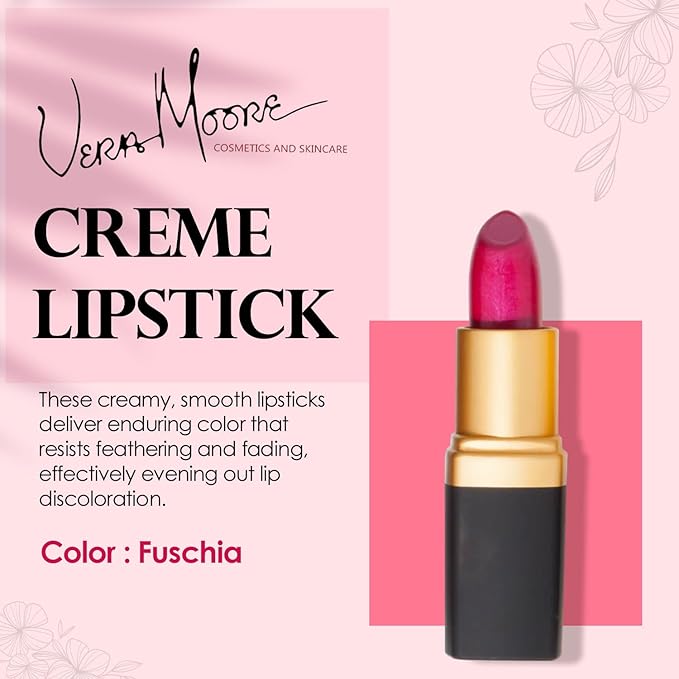 Vera Moore Creme Lipstick, Long Lasting, Lightweight, Moisturizing Opaque Color with Staying Power, Fragrance, and Paraben Free Cosmetics Soft Lipstick (Fuchsia)