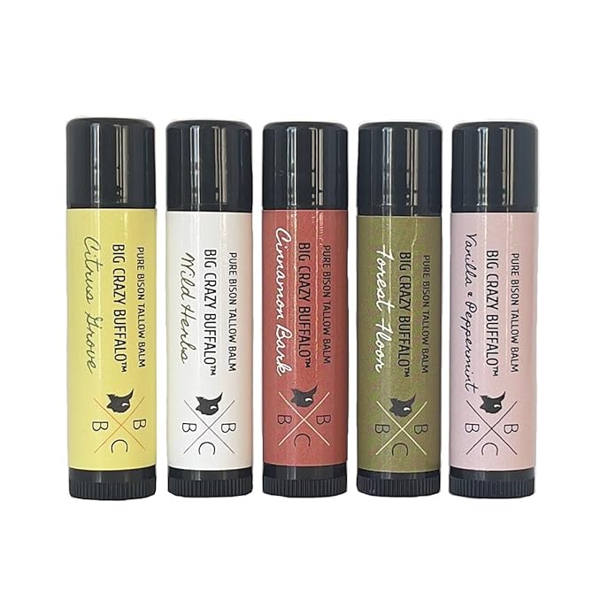 Pure Bison Tallow Lip Balm Set (5 pack) - Moisturizing, Non-Habit Forming, Soothes Chapped Lips, Hydrating