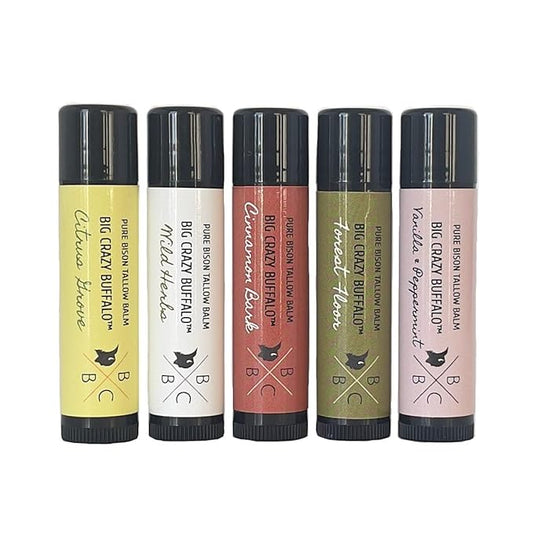 Pure Bison Tallow Lip Balm Set (5 pack) - Moisturizing, Non-Habit Forming, Soothes Chapped Lips, Hydrating
