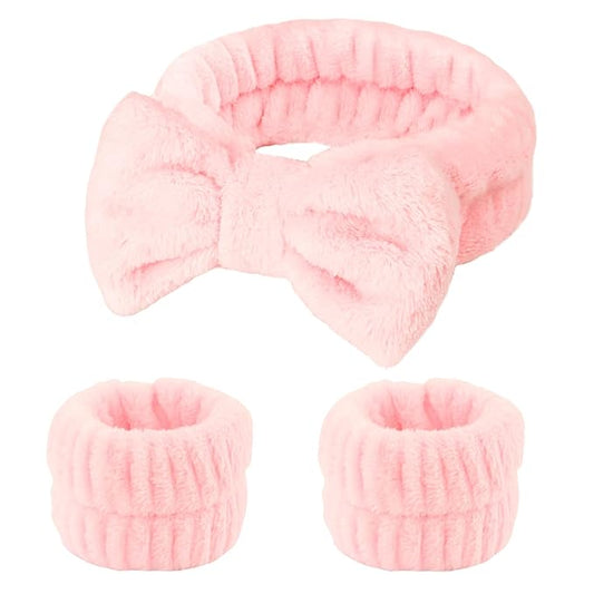 Fmeida Skincare Spa Headbands and Wrist Bands Set for Washing Face Peach, 3 Pack