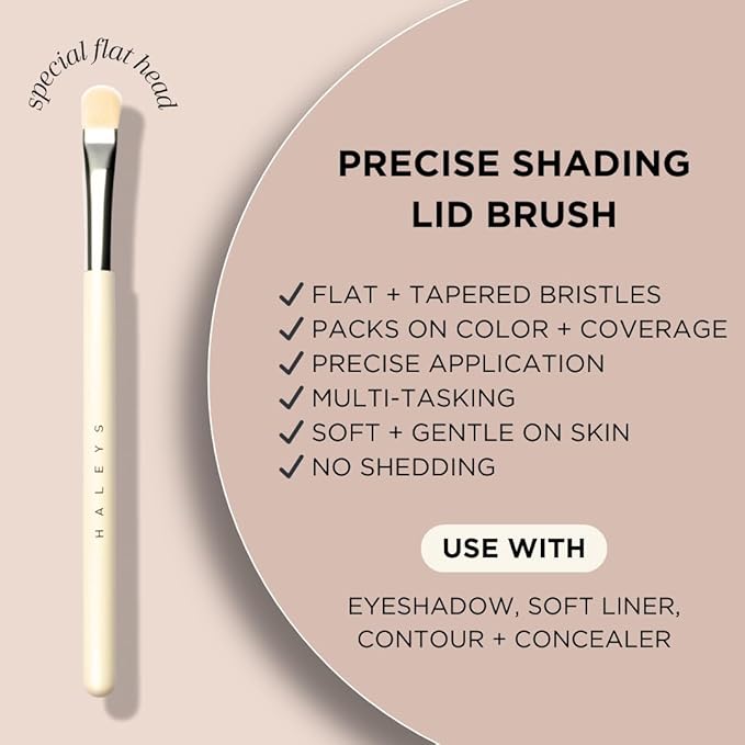 HALEYS Lid Eyeshadow Brush, Medium Flat Tapered Brush, Easy Blending and Shading for Building Eyeshadow Color, High-end Synthetic Bristles, Multi-tasking, for Cream and Powder Makeup, Vegan + CF