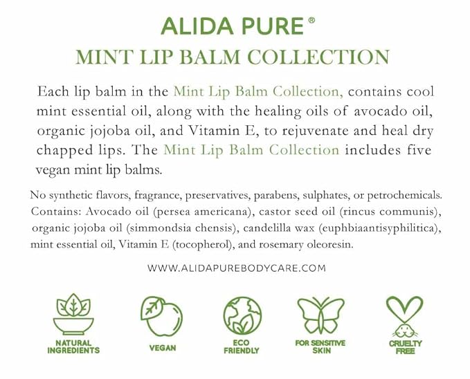 Mint Lip Balm Collection, Vegan Lip Balm Set, Beeswax Free, with Avocado Oil, Organic Jojoba Oil, and Vitamin E, Natural Moisturizer for Dry, Chapped Lips, 5 Tube Set
