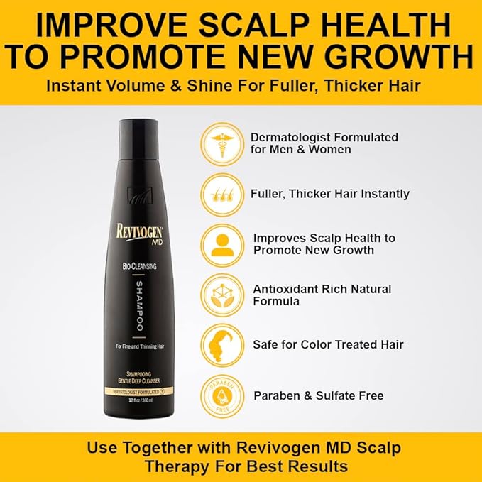 Revivogen MD Bio-Cleansing Shampoo for Thinning Hair, DHT Blocker Shampoo, Hair Loss Shampoo, Shampoo Thinning Hair, Soothes Scalp, Routine Shampoo for Women/Men Hair Loss, Hair Shampoo, 12oz