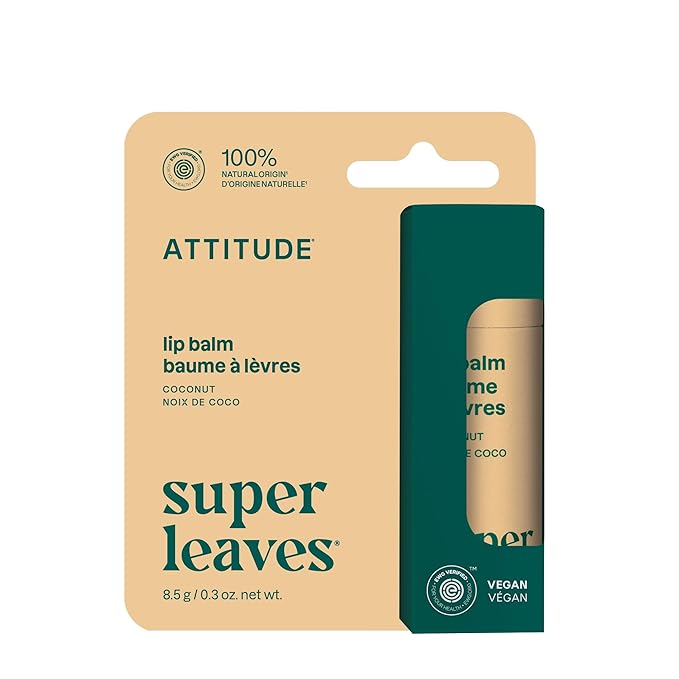 ATTITUDE Plastic-free Lip Balm, EWG Verified Plant- and Mineral-Based Ingredients, Vegan and Cruelty-free Personal Care Products, Coconut, 0.3 Oz