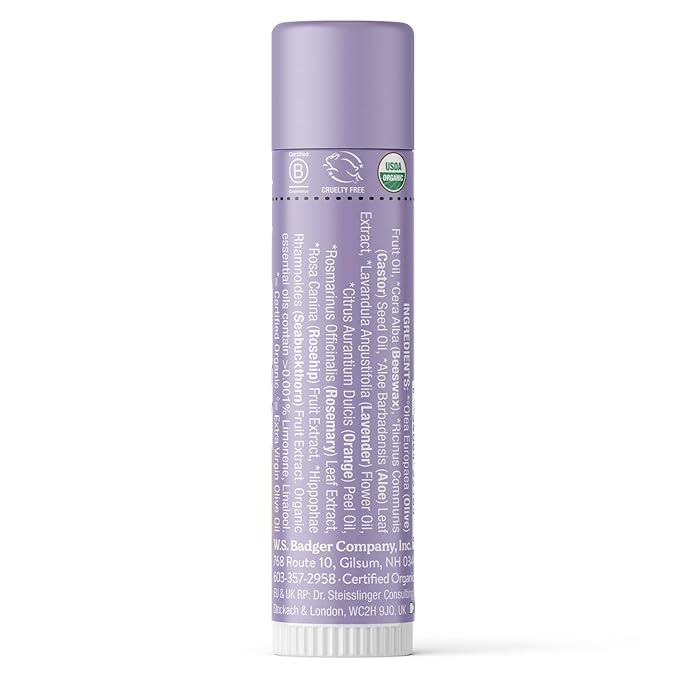 Badger - Classic Lip Balm, Lavender & Orange, Made with Organic Olive Oil, Beeswax & Rosemary, Certified Organic, Moisturizing Lip Balm, 0.15 oz (4 Pack)