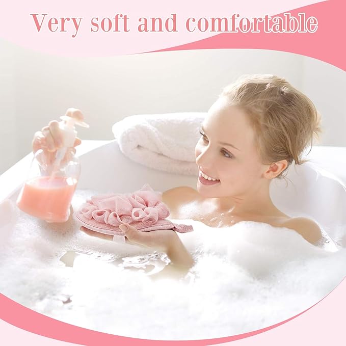 Boao 3 Pcs Bath Shower Pouf Sponge Mesh Pouf Shower Ball Exfoliating Body Sponge Pad Scrubber Glove with Flower Bath Ball (Khaki,Dark Brown,Dark Pink)