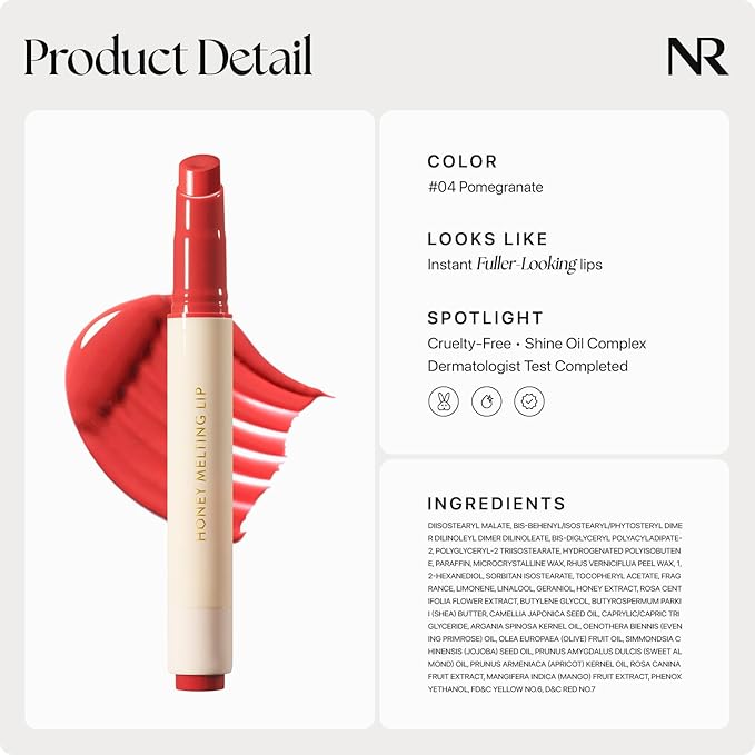 Nature Republic HONEY MELTING LIP (04 POMEGRANATE) SOFT LIP STICK, Hydrating Gloss, Moisturizing balms, Sheer tint, Shine & Glowy Finish, korean make up