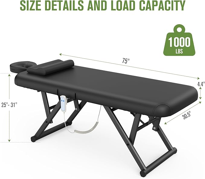Dolonm Height Adjustable Massage Table with Face Pillow & Headrest for Treatment Table, Physical Therapy Table, Spa Facial Professional Massage Bed - Adjustable Backrest, Electric Leg Lifting, Black