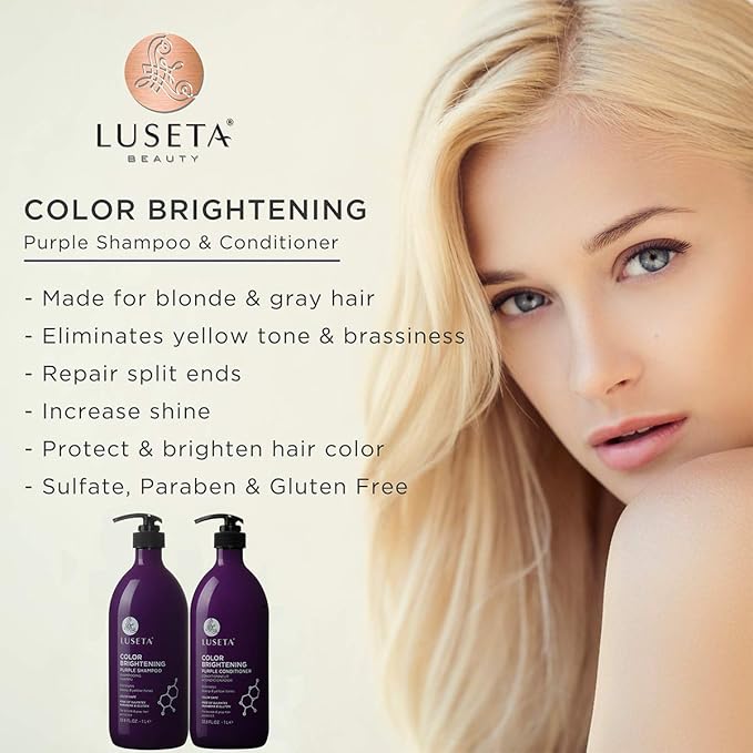L LUSETA Color Brightening Purple Shampoo and Conditioner Set for Blonde and Gray Hair, Infused with Cocos Nucifera Oil to Help Nourish, Moisturize and Condition Hair, 2x33.8oz