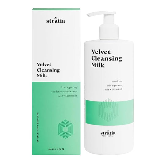 Stratia Velvet Cleansing Milk - Gentle Cream Face Cleanser, Moisturizing & Non-Foaming with Chamomile, Olive Oil & Aloe Vera, 16 Fl Oz