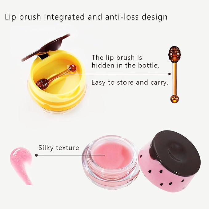 2PCS Bee Lip Balm Honey & Strawberry Lip Balm, Exfoliating Honey Pot Lip Balm Sleeping Lip Mask with Brush, Hydrating & Prevention Dry and Cracked, Lip Scrubs Exfoliator & Moisturizer