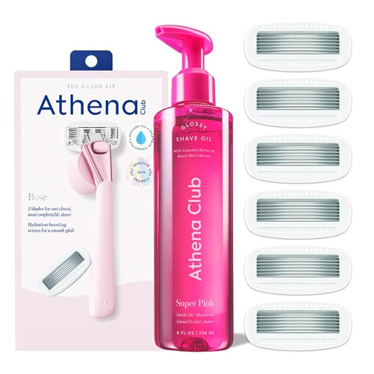 Women's Razor Shave Kit, 1 Rose Razor Handle + 6 Blade Refills + Super Pink Glossy Shave Oil