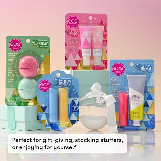 eos Holiday Skin Care Set- Vanilla Cashmere Travel Hand Cream & Candy Cane Swirl Lip Balm, Stocking Stuffers, 1 fl oz Hand Cream + 0.14 oz Lip Balm, 2-Pack
