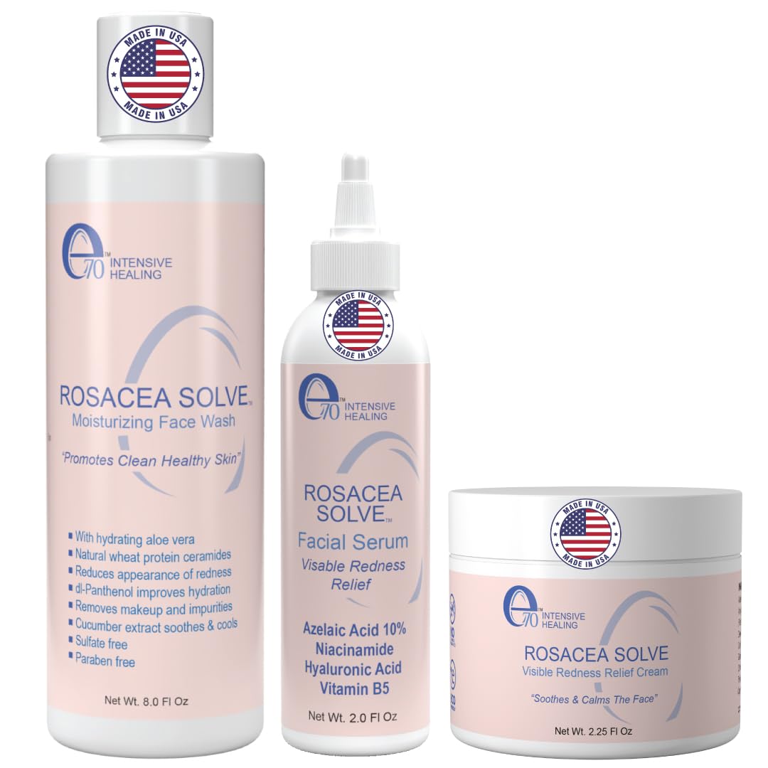 Rosacea Treatment Skincare for Women & Men - Face Wash, Rosacea Cream & Face Serum, Moisturizer Redness Reducing Skin Care with Aloe Vera, Hyaluronic Acid & Fruit Extracts, Made in USA by e70