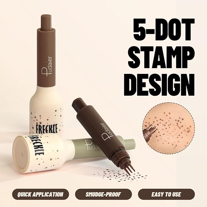 Freckle Stamp,Faux Freckle Stamp,Quick Dry Fake Freckles Pen,Waterproof Long Lasting Natural Vivid Faux Freckles Pen,Get Sun-Kissed Stars Makeup in One Press,5-Dot Design,04.Caramel.