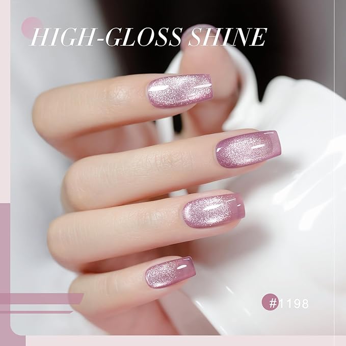 RARJSM Nude Cat Eye Gel Polish Set 6 Pcs Sparkle Diamond Glitter Sheer Purple Soft Pink Chanpagne Gold Velvet Ice Jelly Glass Cateye Gelpolish with Magnet Stick UV LED Curing Requires Home Manicure