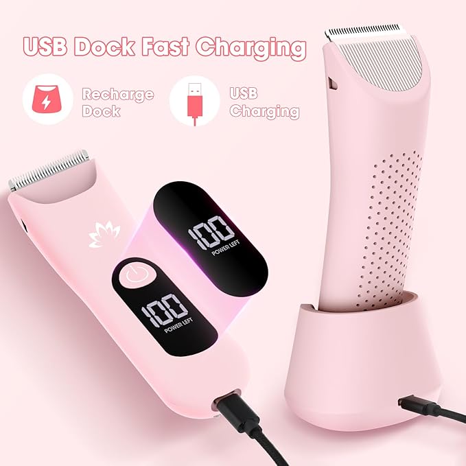 Bikini Trimmer for Women, Painless Pubic Hair Trimmer for Armpit Leg Arm Body Private Area,Rechargeable Womens Electric Razors Shaver LED Light Ceramic Blade IPX7 Waterproof Wet/Dry LCD Display,Pink