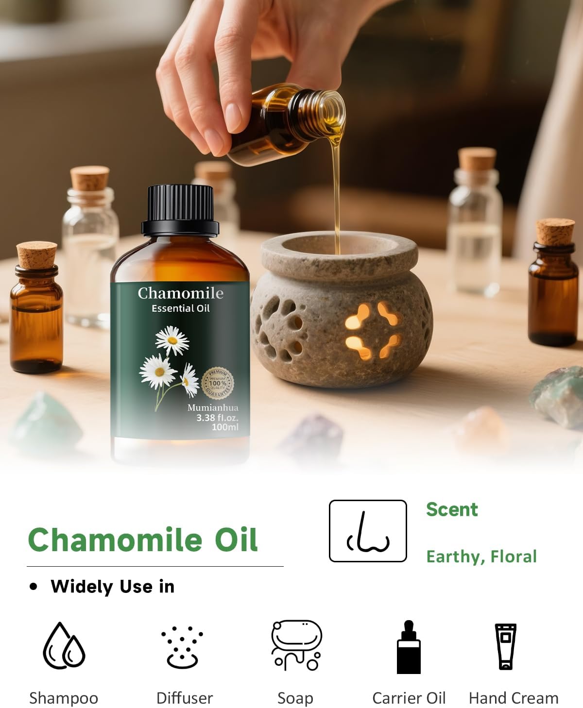 Chamomile Essential Oil Pure, Mumianhua Natural Chamomile Oil Therapeutic Grade Aromatherapy Oil for Skin, Diffuser, Aromatherapy, Candle Making, Soap Making, Hair 3.38 Fl Oz