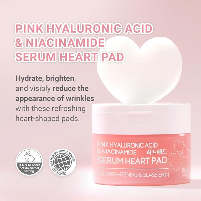 TENZERO Pink Hyaluronic Acid Niacinamide Serum Heart Pad (50 Count, 150g), Hydrating & Brightening Glowing Face Toner Pads, Korean Facial Radiance Pads, Dry Skin