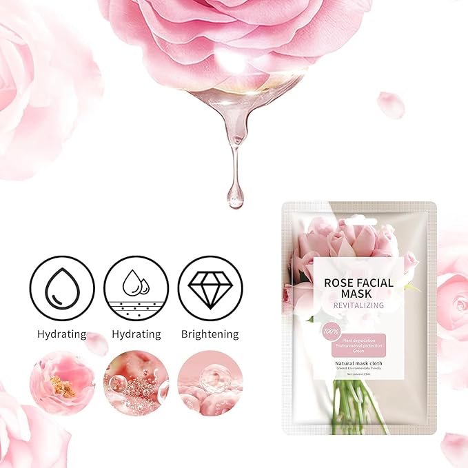10 Sheets Face Masks Skincare for All Skin Types, Rose Hydrating Face Sheet Masks Suitable for Sensitive Skin, Pink Moisturizing Facial Mask for Women Skin Care, Face Mask Gifts for Face Spa