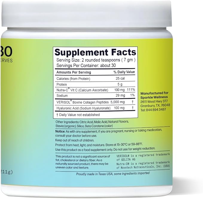 Sparkle Wellness VERISOL Bioactive Hydrolyzed Collagen Peptides | Collagen Powder Supplement with Vitamin C & Hyaluronic Acid for Hair, Skin, and Nail Health | Skin Boost Plus (Tropical) [30-Serves]