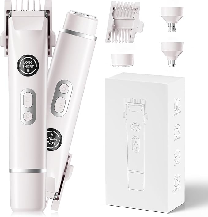 Bikini Trimmer for Women, 4 in 1 Wet/Dry Electric Razors for Women - Dual Head, Painless Rechargeable Portable Womens Razors for Shaving Set for Face, Nose, Eyebrows, Armpits, Bikini Area (White)